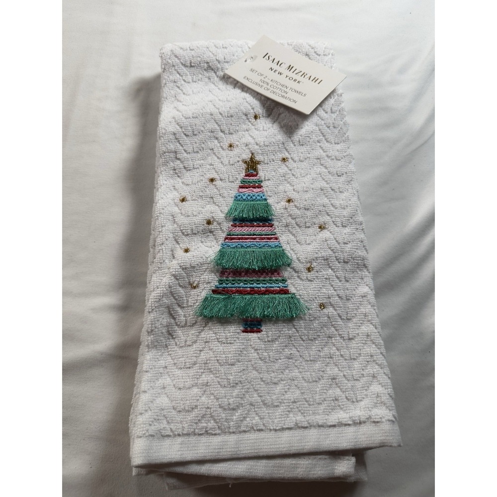 Isaac Mizrahi Kitchen Towels Set 2 Christmas Tree White Cotton Holiday Decor